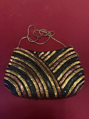 Black Sequin Evening Clutch with Gold and Copper Accents
